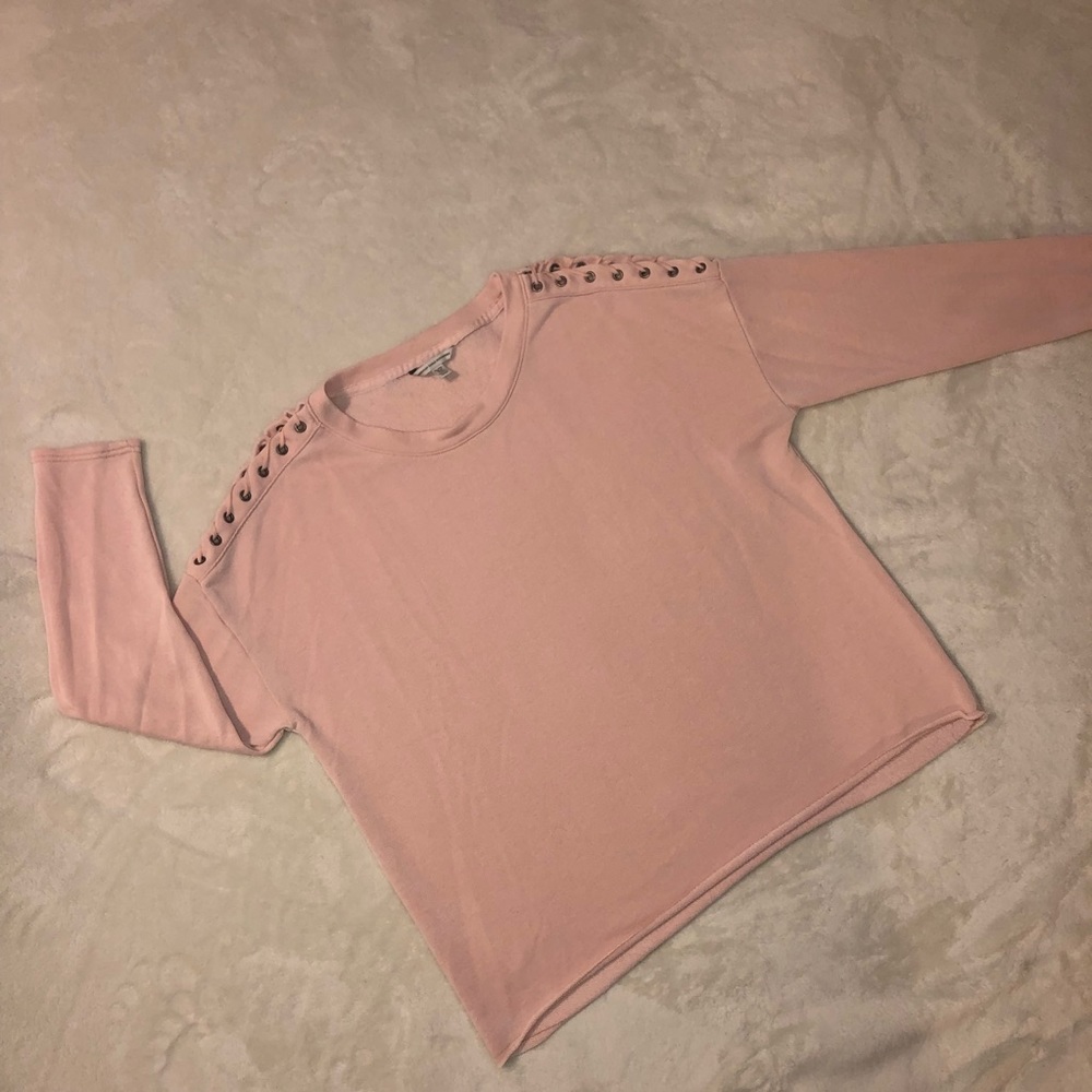 Pink Shoulder Lace Up Sweater